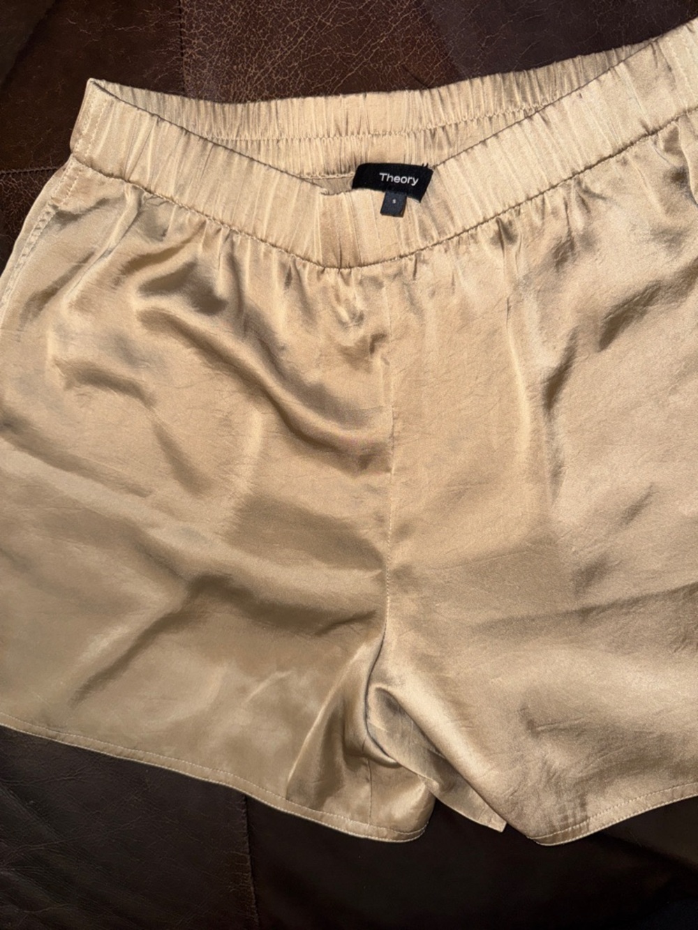 Theory Satin High-Waist Elastic Shorts - Beige Gold Tone